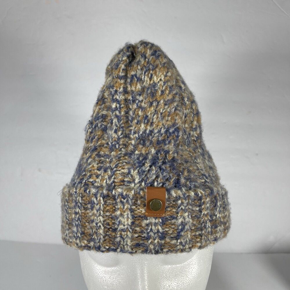 Frye and Co. Marled Knit Beanie Hat Blue Brown Tan Faux Leather Logo Tab One Six
